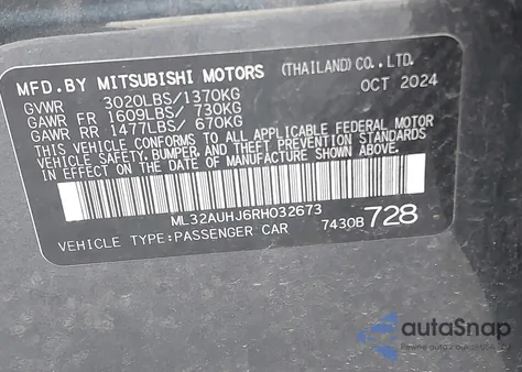 2024 Mitsubishi Mirage Es/Le z USA, uszkodzony, nr VIN ML32AUHJ6RH032673
